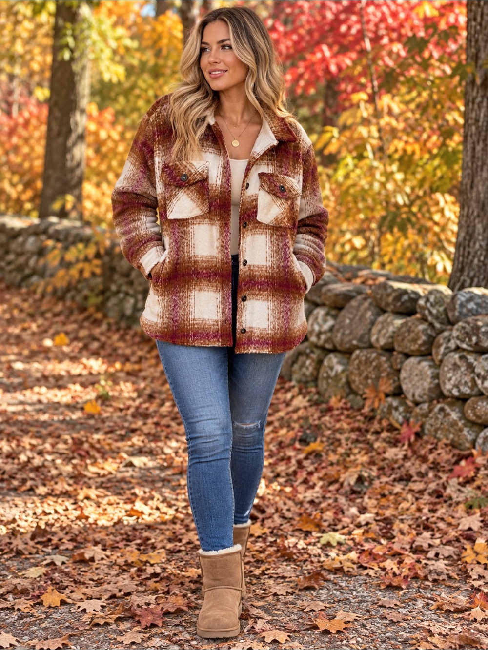 Thread & Supply Brown Maroon and Cream Plaid Teddy Shacket NWT